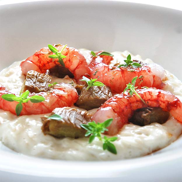 Risotto avec crevettes et aubergine