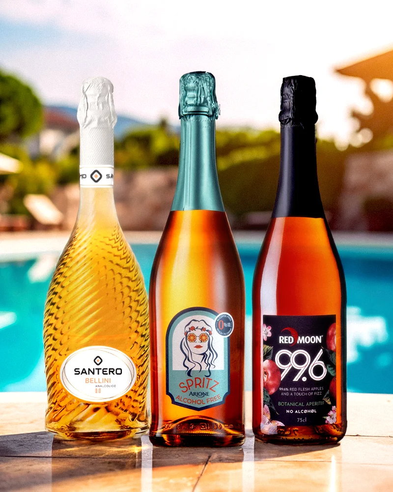 Probierset Prickler alkoholfrei - Bellini, Spritz und Red Moon – ansprechend in Szene gesetzt