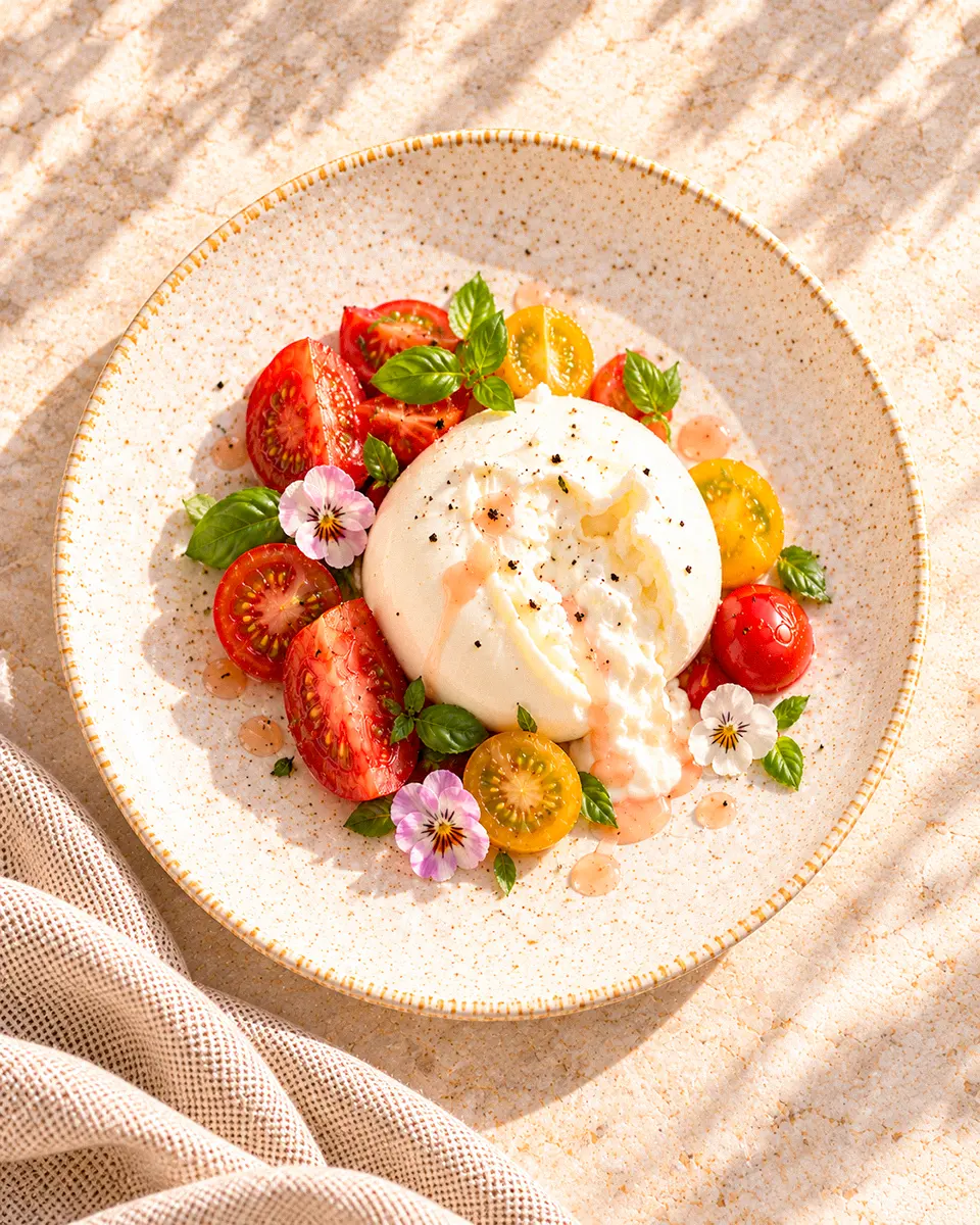 Draufsicht auf Burrata mit roten und gelben Tomaten, Basilikum, kleinen Blüten und Agrodolce Rosato.