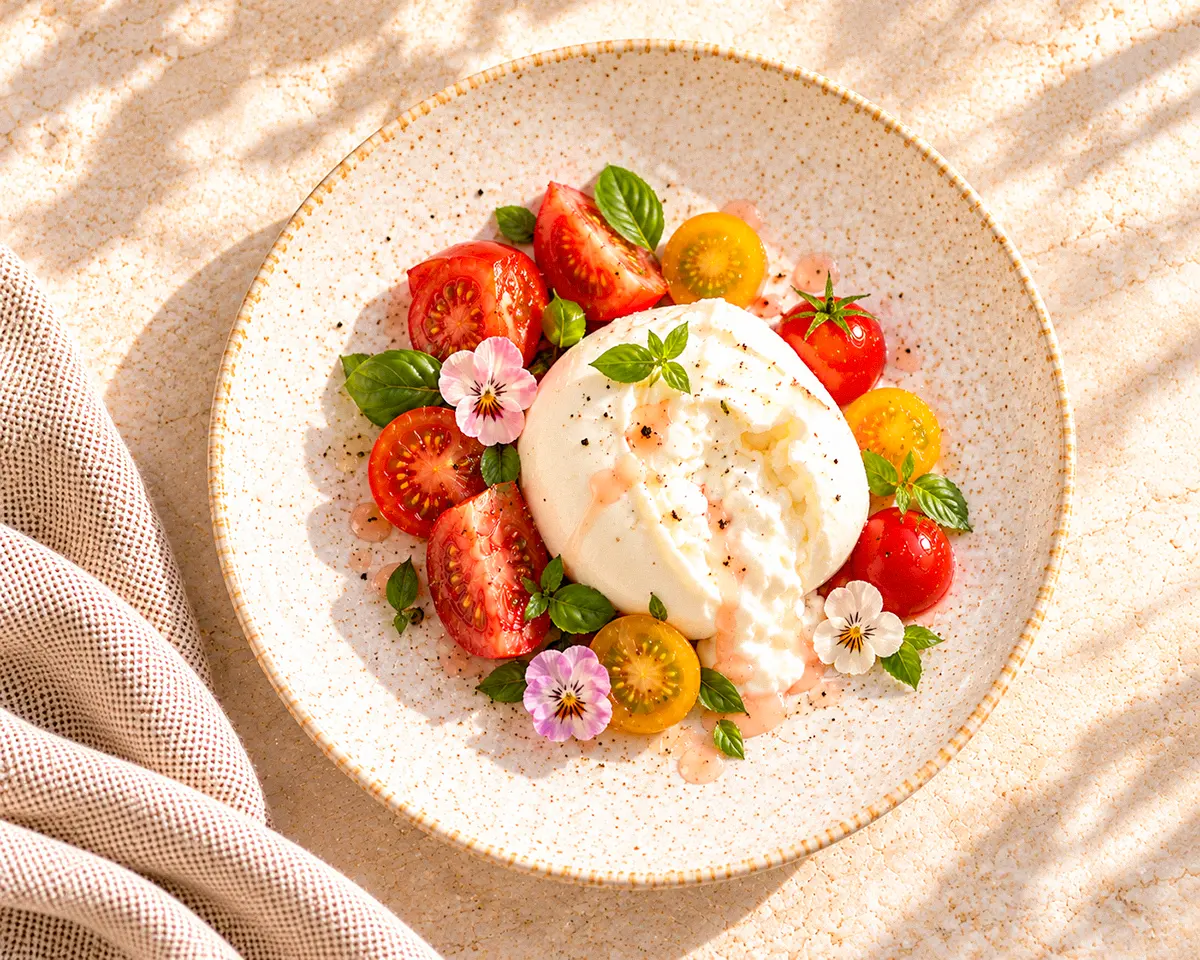 Draufsicht auf Burrata mit roten und gelben Tomaten, Basilikum, kleinen Blüten und Agrodolce Rosato.