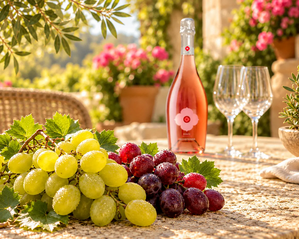 Grüne Glera- und dunkle Pinot-Nero-Trauben im Vordergrund, dahinter unscharf eine verschlossene Flasche Rechsteiner Prosecco Rosato und zwei leere Gläser im sommerlichen mediterranen Garten.