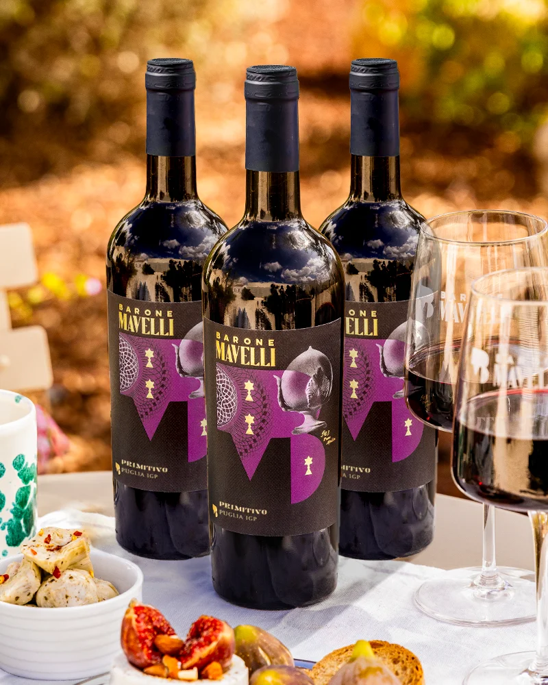 Vin rouge - Primitivo Puglia IGP - lot de 3 italienischer Wein, Primitivo, Flasche steht auf Tisch mit Antipasti