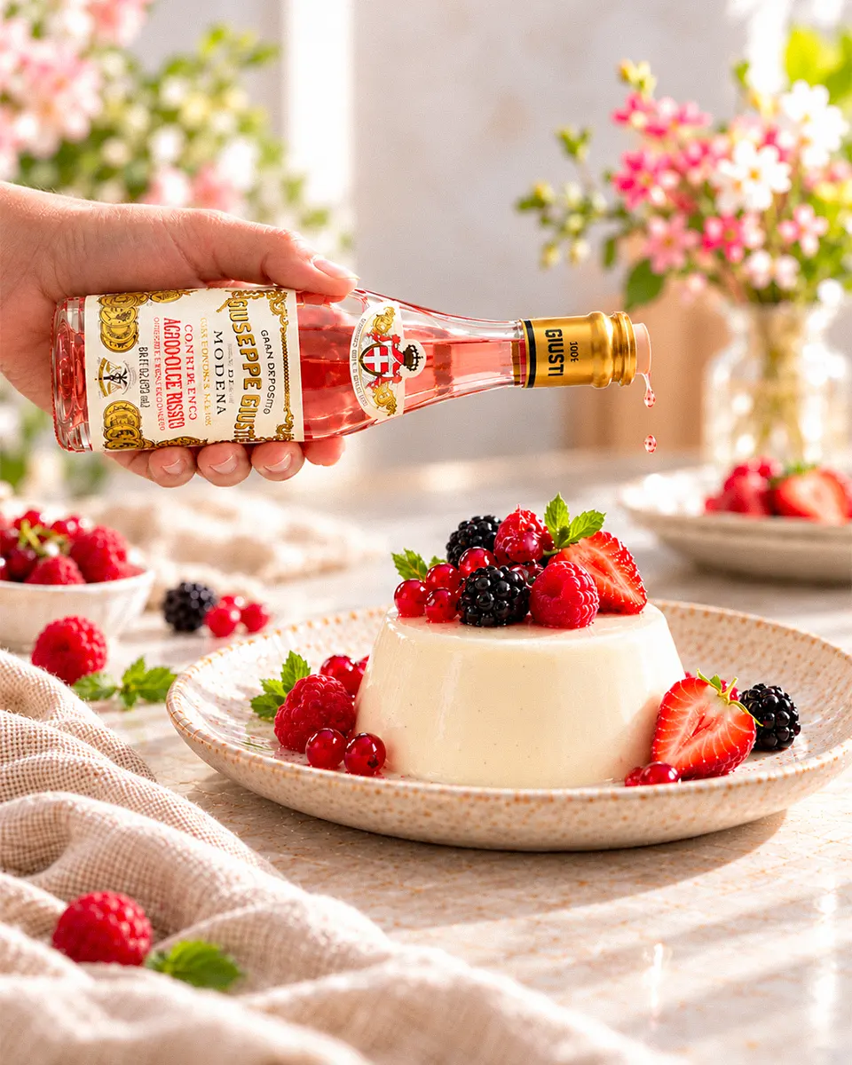 Panna Cotta mit frischen Beeren, beträufelt mit Giusti Agrodolce Rosato.