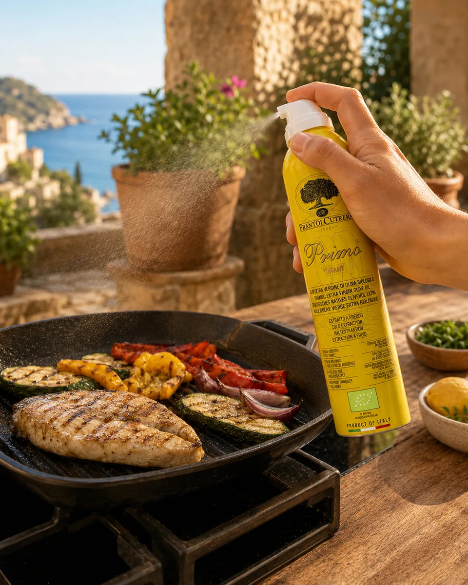 Frantoi Cutrera Primo Bio-Olivenöl-Spray beim Besprühen von gegrilltem Fisch und mediterranem Gemüse in einer Grillpfanne.