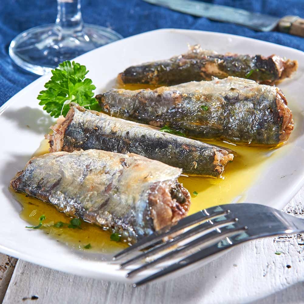 Sardines dans huile d'olive (avec peau) 