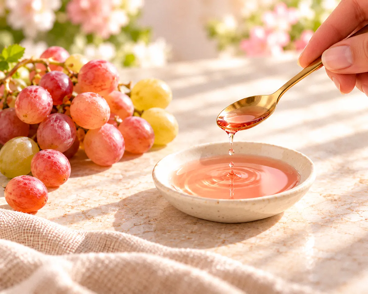 Roséfarbener Agrodolce Rosato in einer hellen Keramikschale neben hellen und rosafarbenen Trauben.