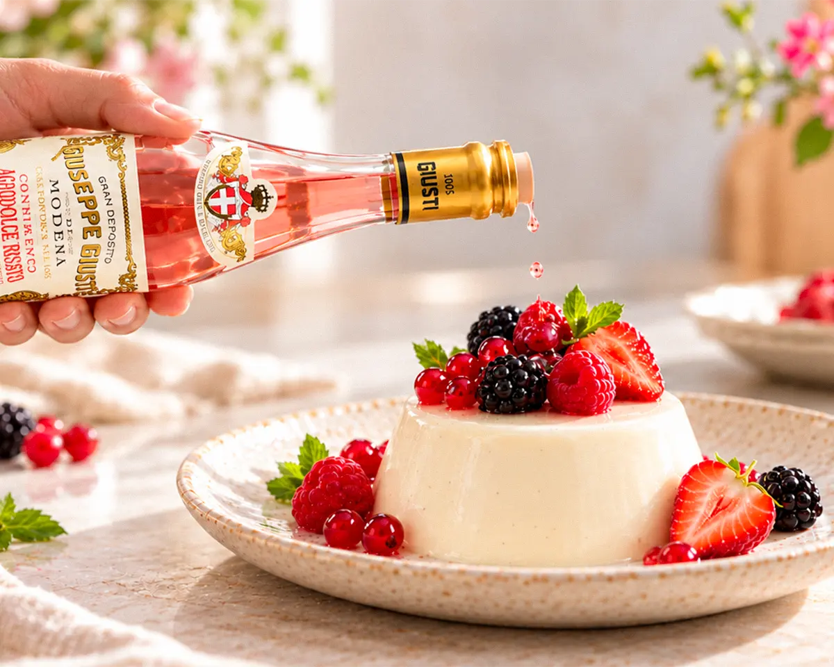 Panna Cotta mit frischen Beeren, beträufelt mit Giusti Agrodolce Rosato.