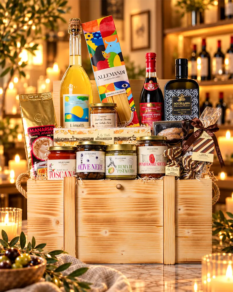 Italienisches Feinkost-Geschenkset in einer Holzkiste mit Pasta, Olivenöl, Balsamico, Limoncello, Kaffee, Saucen, Antipasti, Torrone und Schokoladentrüffeln in warmem, modernem Ambiente.