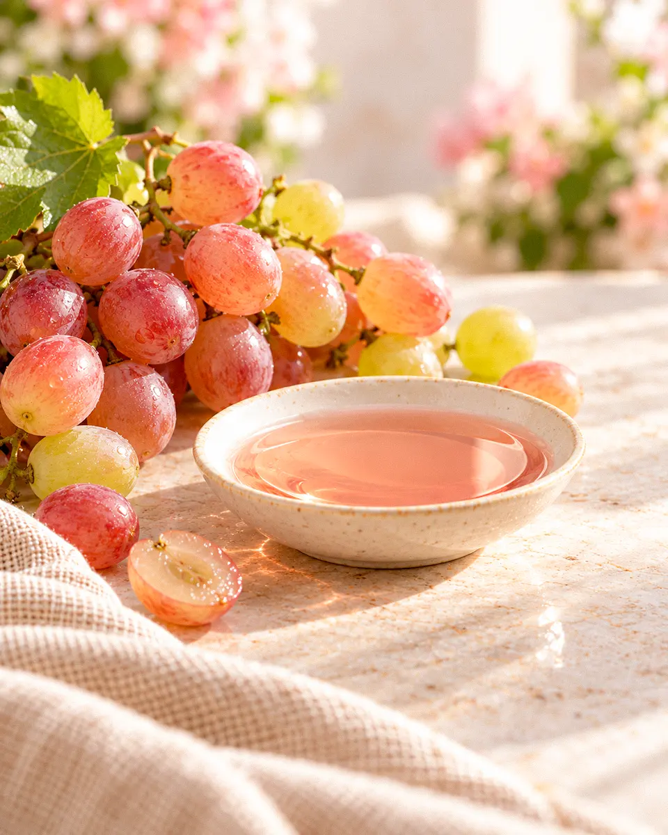 Roséfarbener Agrodolce Rosato in einer hellen Keramikschale neben hellen und rosafarbenen Trauben.